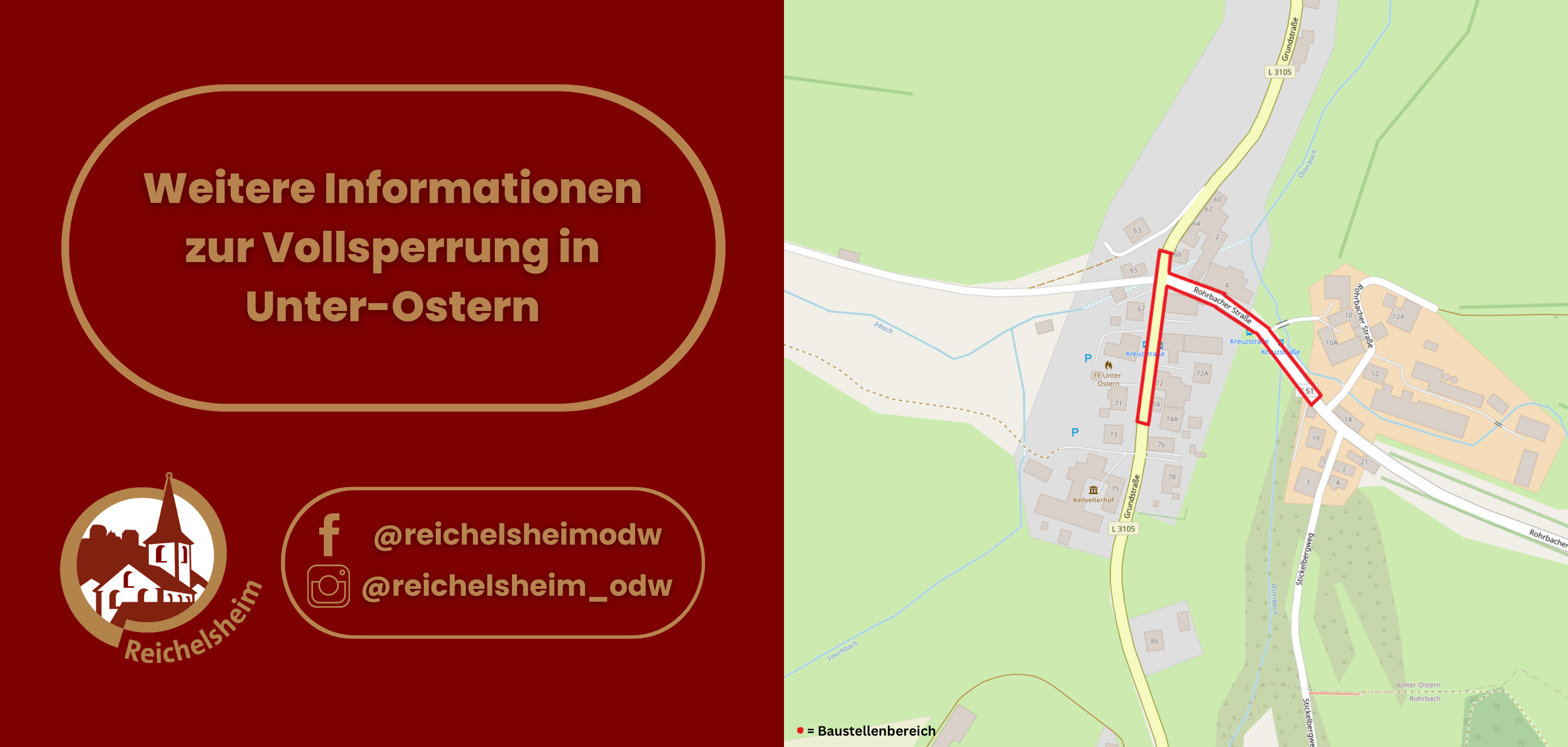 Zweigeteilte Übersicht. Auf der linken Seite ist der Titel des Artikels zu lesen und ein Hinweis auf die Social Media Kanäle der Gemeinde Reichelsheim zu sehen. Auf der rechten Seite ist ein zum Artikel passendes Bild platziert.