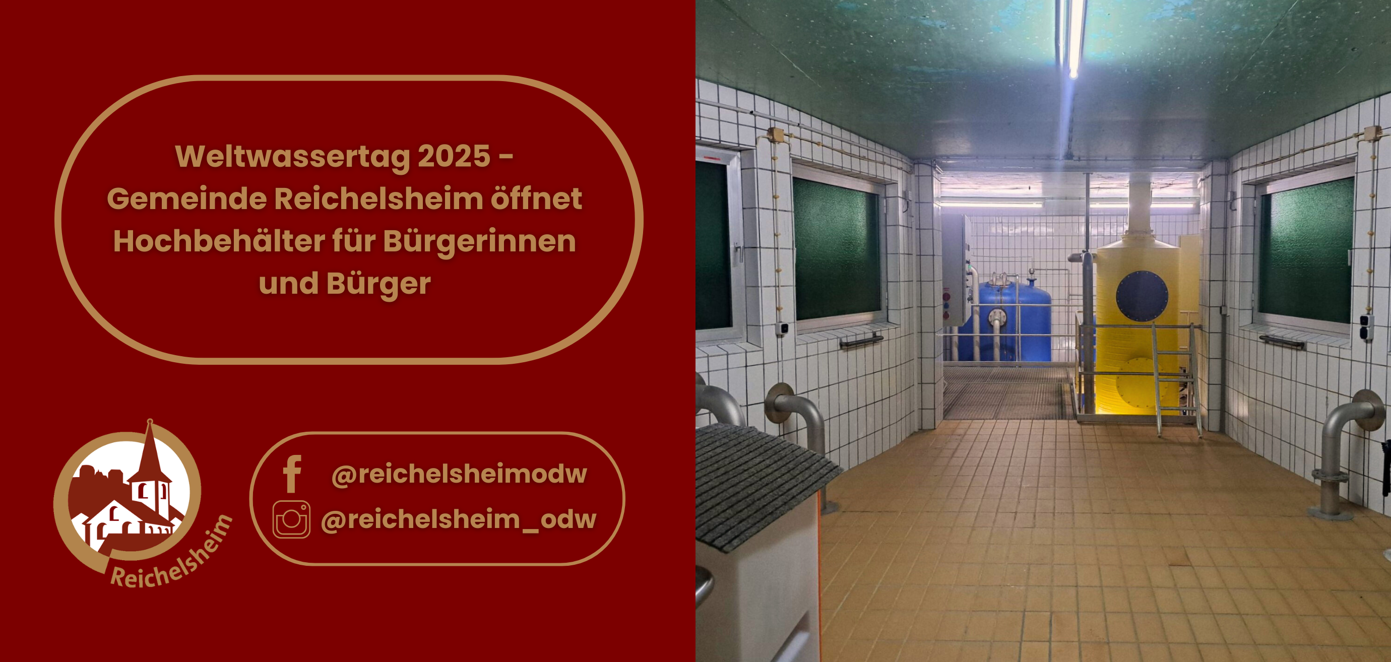 Zweigeteilte Übersicht. Auf der linken Seite ist der Titel des Artikels zu lesen und ein Hinweis auf die Social Media Kanäle der Gemeinde Reichelsheim zu sehen. Auf der rechten Seite ist ein zum Artikel passendes Bild platziert.