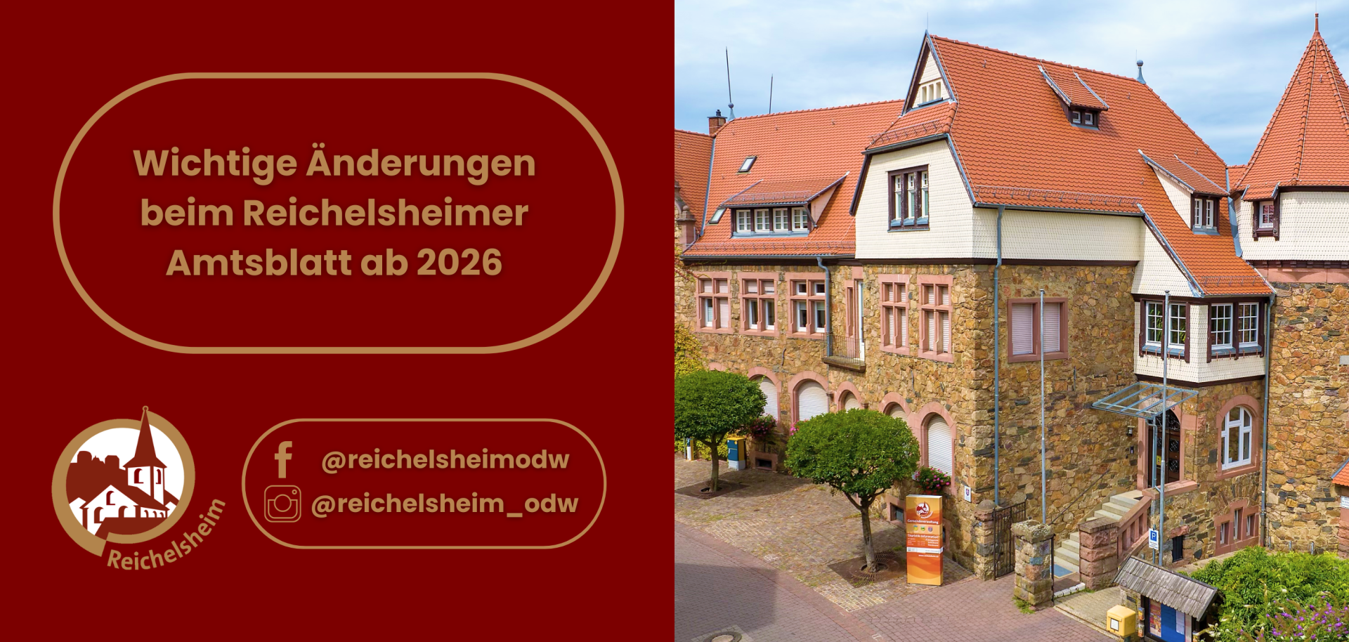 Zweigeteilte Übersicht. Auf der linken Seite ist der Titel des Artikels zu lesen und ein Hinweis auf die Social Media Kanäle der Gemeinde Reichelsheim zu sehen. Auf der rechten Seite ist ein zum Artikel passendes Bild platziert.