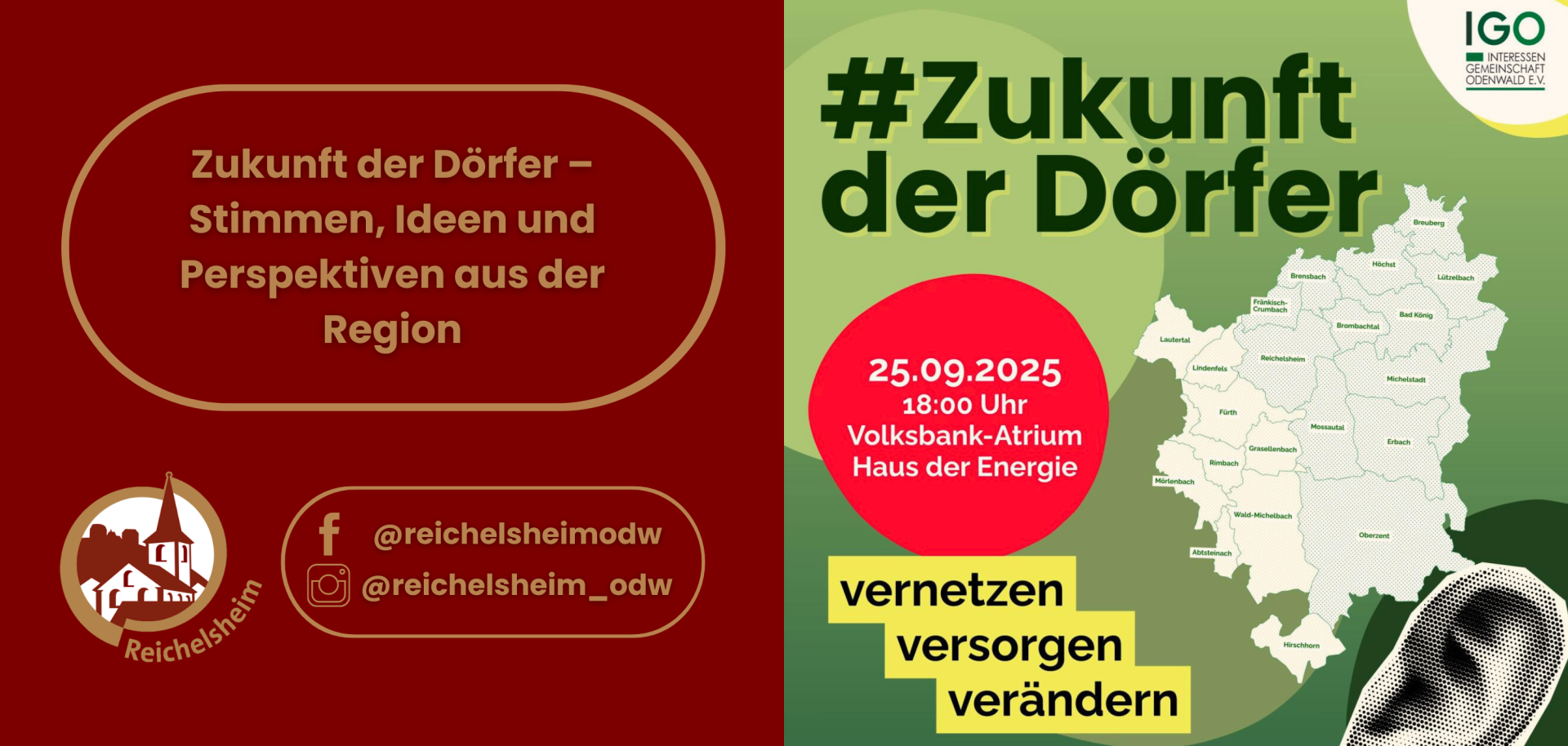 Zweigeteilte Übersicht. Auf der linken Seite ist der Titel des Artikels zu lesen und ein Hinweis auf die Social Media Kanäle der Gemeinde Reichelsheim zu sehen. Auf der rechten Seite ist ein zum Artikel passendes Bild platziert.