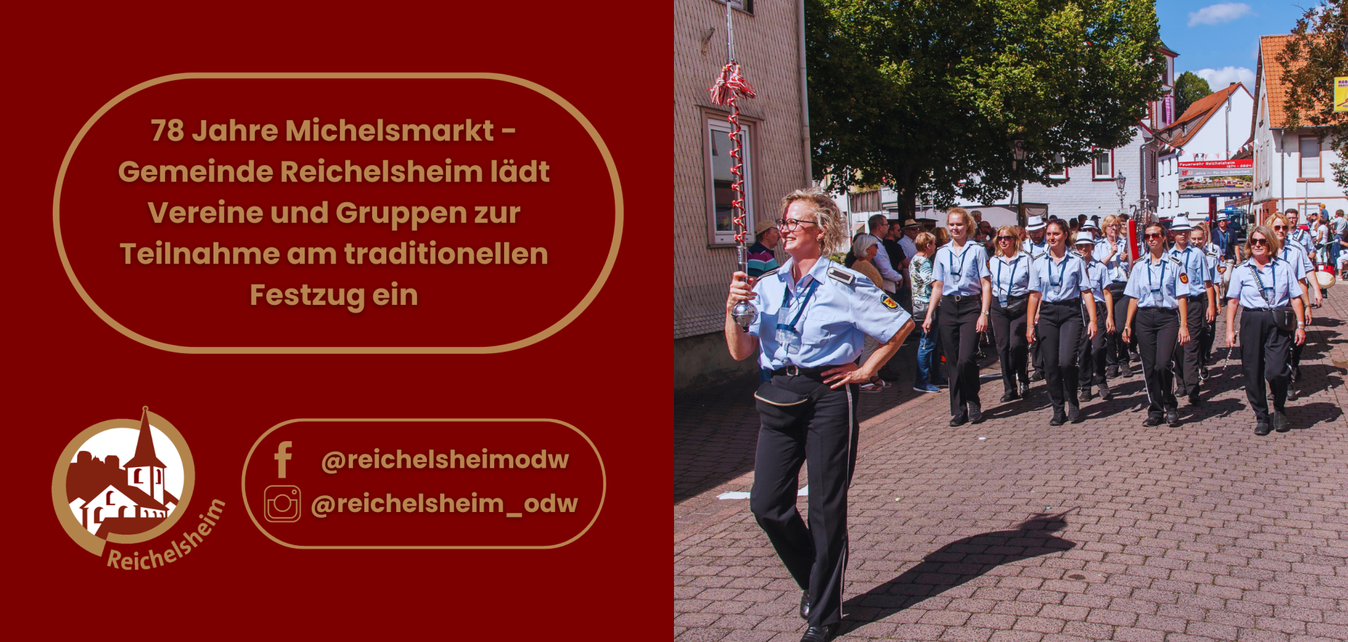 Aufruf zum Michelsmarkt-Festzug Reichelsheim. Bild zeigt Marschkapelle und Text-Infos (Vereins-Einladung, Social Media: @reichelsheimodw, @reichelsheim_odw, Logo).
