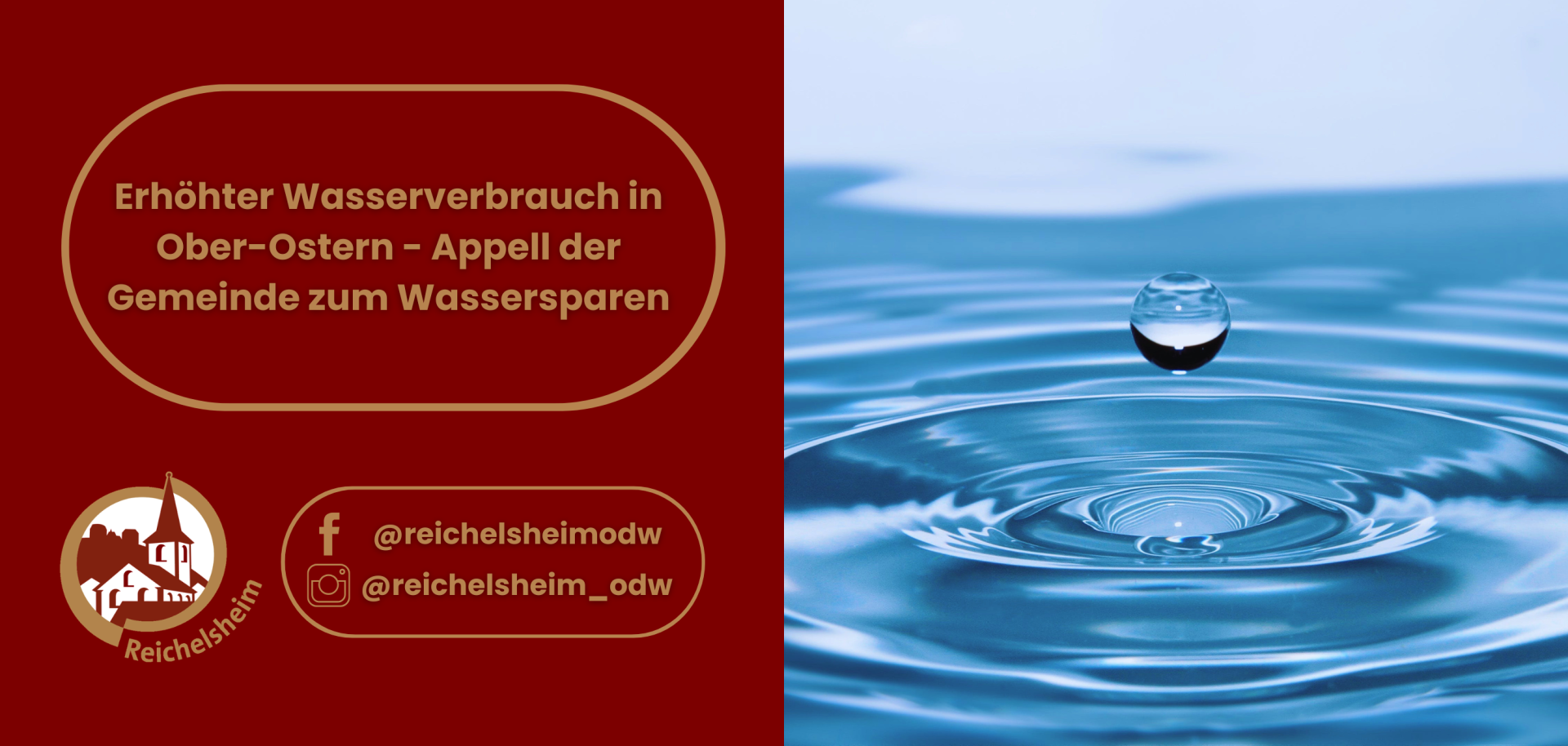 Rote Grafik mit Reichelsheim-Logo und Spar-Aufruf, rechts ein Wassertropfen.