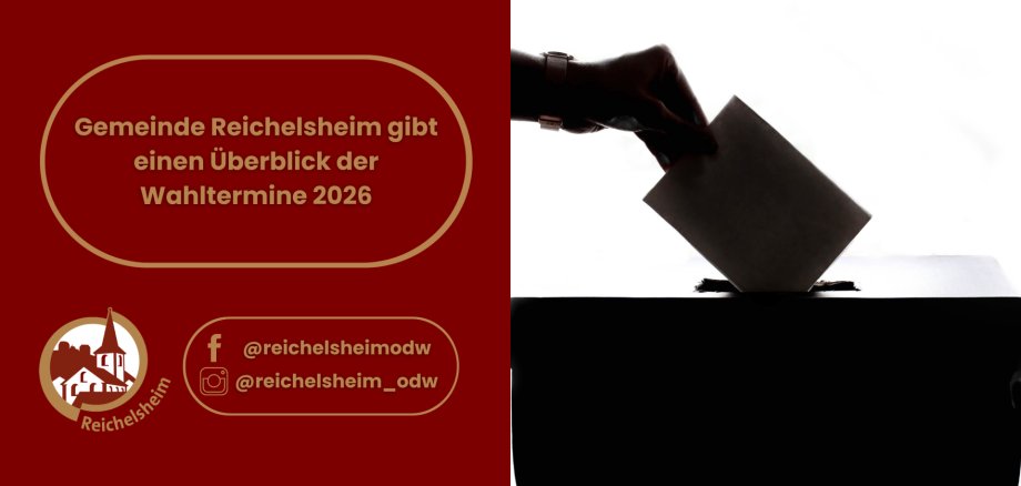 Grafik zur Ankündigung der Gemeinde Reichelsheim über Wahltermine 2026. Die linke Seite zeigt auf rotem Hintergrund in goldenem Text: "Gemeinde Reichelsheim gibt einen Überblick der Wahltermine 2026", darunter das Logo der Gemeinde und Social Media Handles für Facebook (@reichelsheimodw) und Instagram (@reichelsheim_odw). Die rechte Seite zeigt eine Silhouette einer Hand, die einen Wahlzettel in eine Wahlurne wirft, symbolisch für Wahlen.