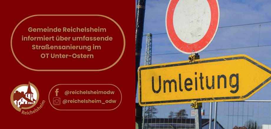 Grafik: Hinweis der Gemeinde Reichelsheim zu umfassender Straßensanierung in Unter-Ostern; daneben gelbes Verkehrsschild „Umleitung“.