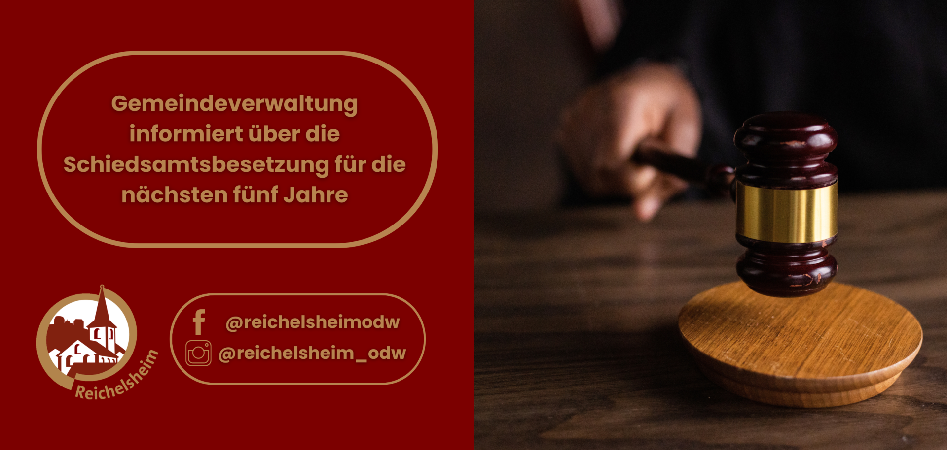 Grafik: Text zur Info der Gemeindeverwaltung über die Schiedsamtsbesetzung für fünf Jahre. Rechts Nahaufnahme eines Richterhammers auf Holzblock.