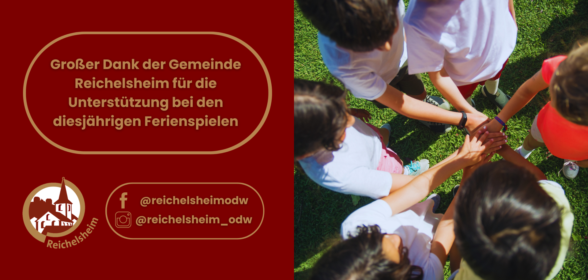 Dank der Gemeinde Reichelsheim für die Unterstützung der Ferienspiele. Foto: Kinder legen im Kreis die Hände zusammen.