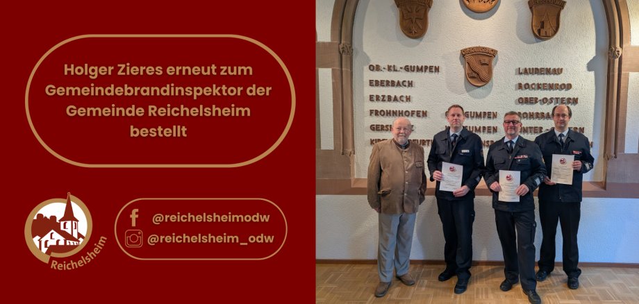 Grafik: „Holger Zieres erneut zum Gemeindebrandinspektor bestellt“. Daneben Gruppenfoto mit Urkunden vor Wappenwand; Social‑Media‑Hinweise.