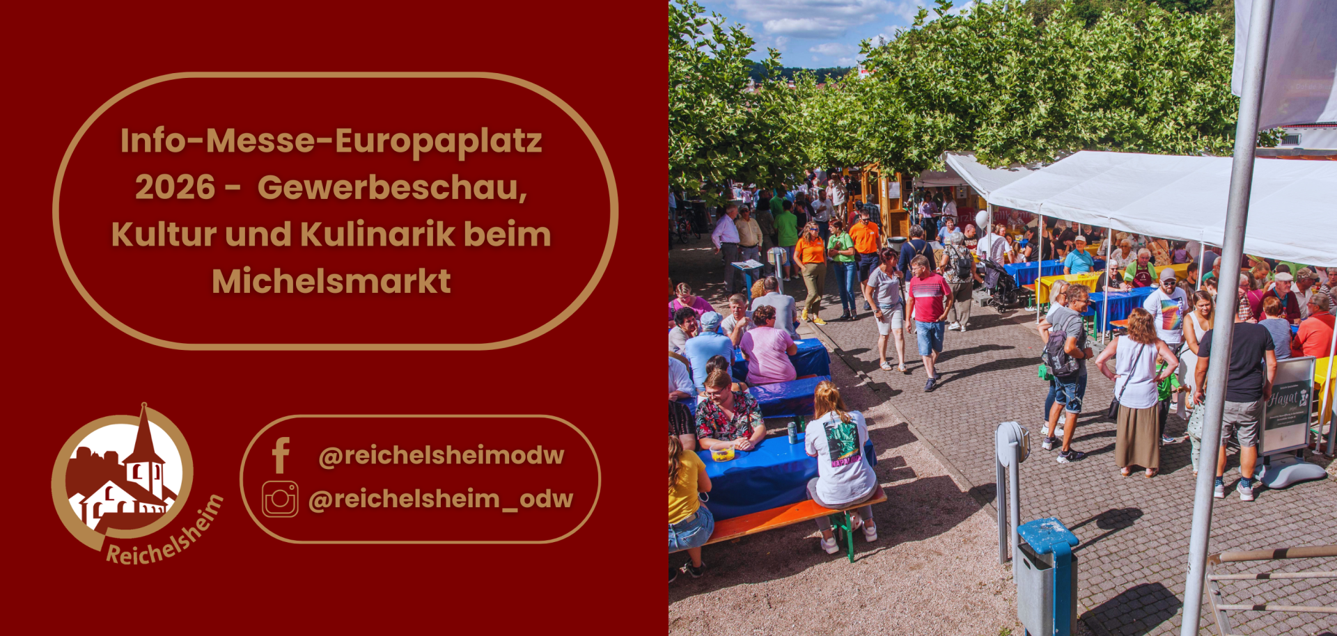 Info-Messe Europaplatz 2026: Gewerbeschau, Kultur & Kulinarik. Foto zeigt ein belebtes Festgelände unter Bäumen mit Zelten und Besuchern.
