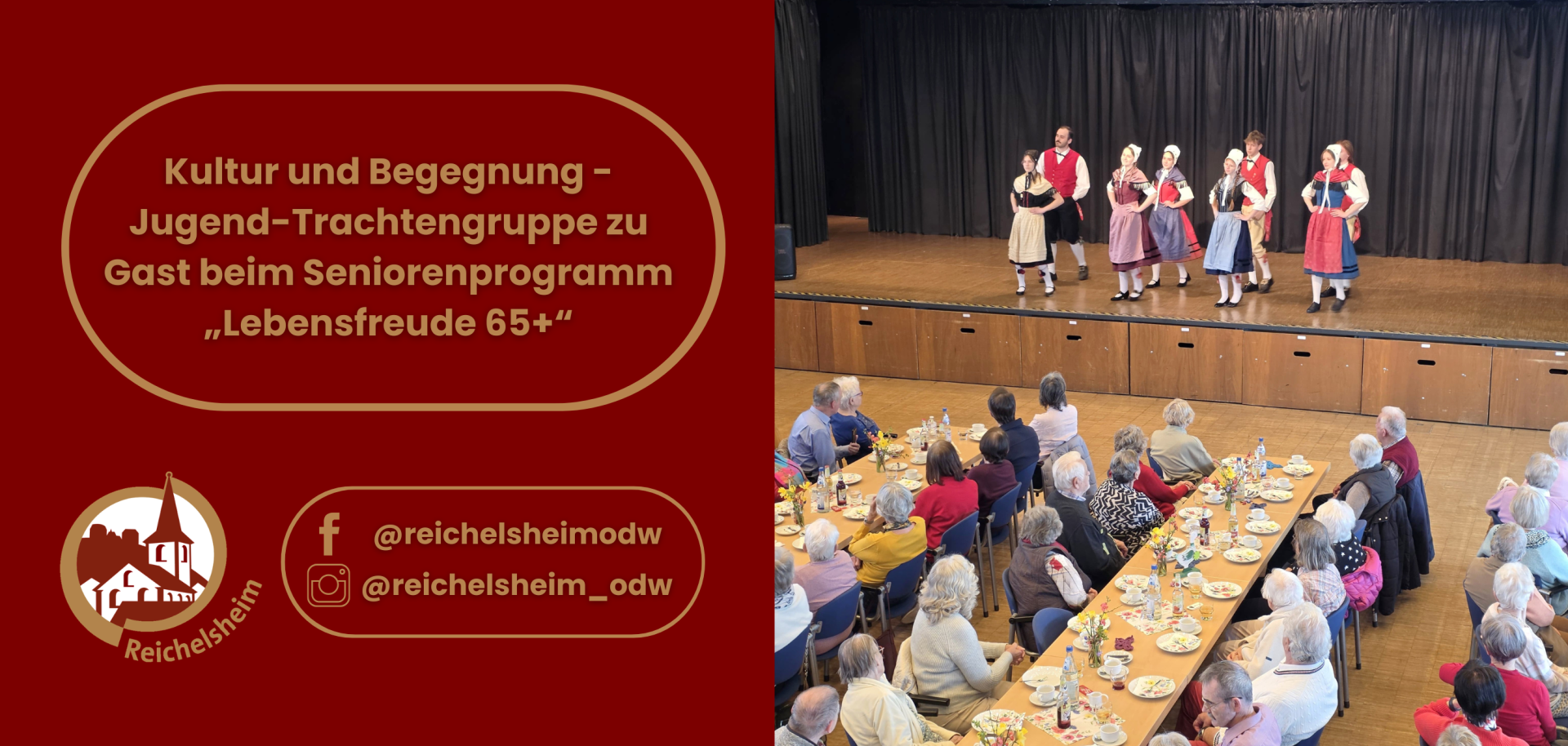 Jugendliche in Trachten tanzen auf einer Bühne; davor sitzen viele Seniorinnen und Senioren an gedeckten Tischen in einem Saal.