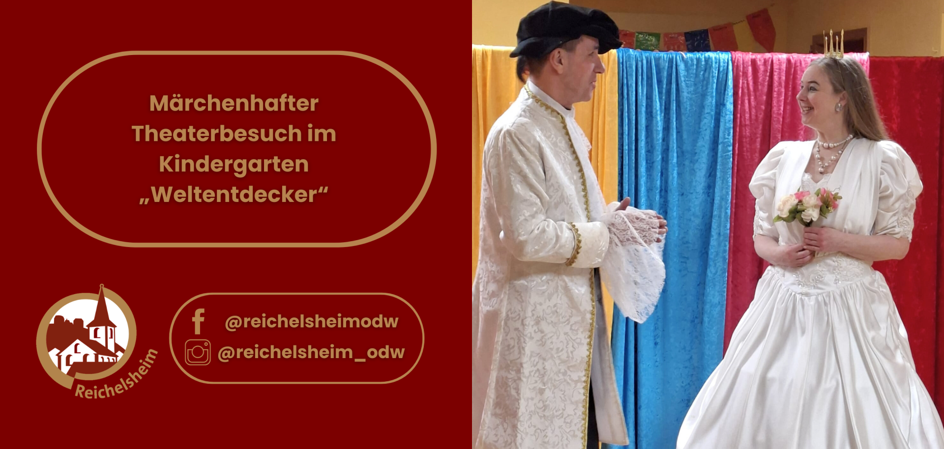 Theaterszene im Kindergarten: Prinzessin in weißem Kleid mit Blumenstrauß und Prinz im Brokatmantel vor bunten Vorhängen. Text: „Märchenhafter Theaterbesuch“.