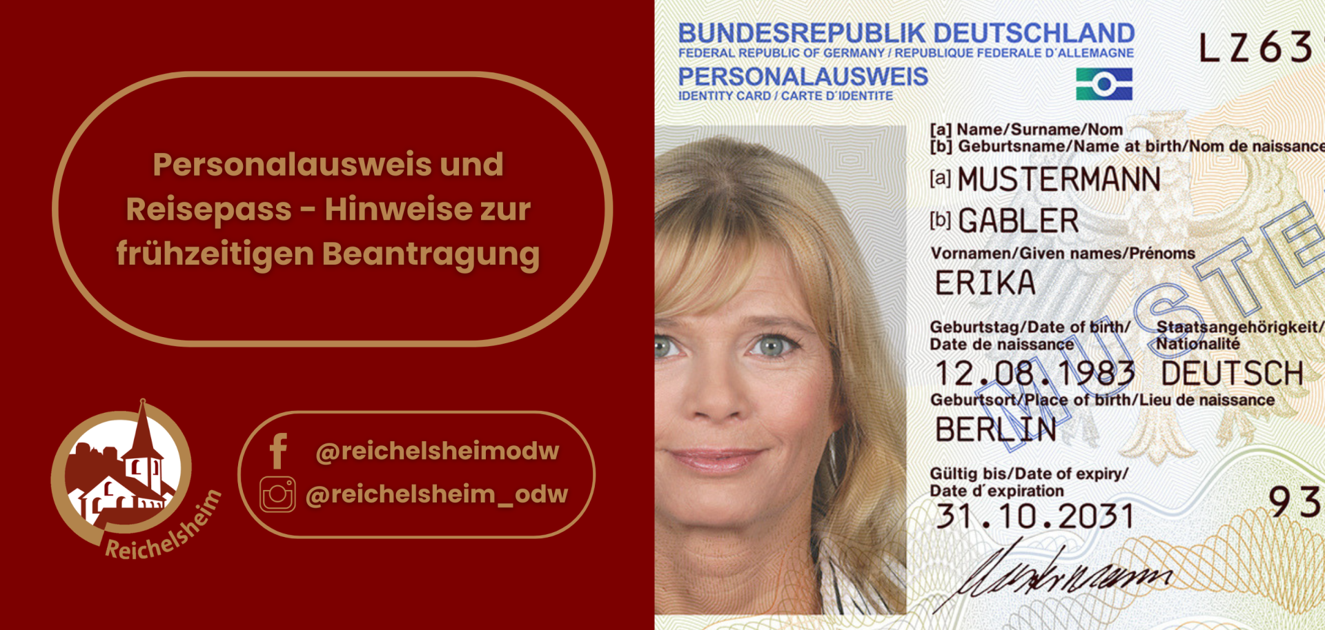 Grafik zu Ausweisdokumenten: links Hinweis „Personalausweis und Reisepass – frühzeitig beantragen“, rechts Ausschnitt eines deutschen Personalausweises.