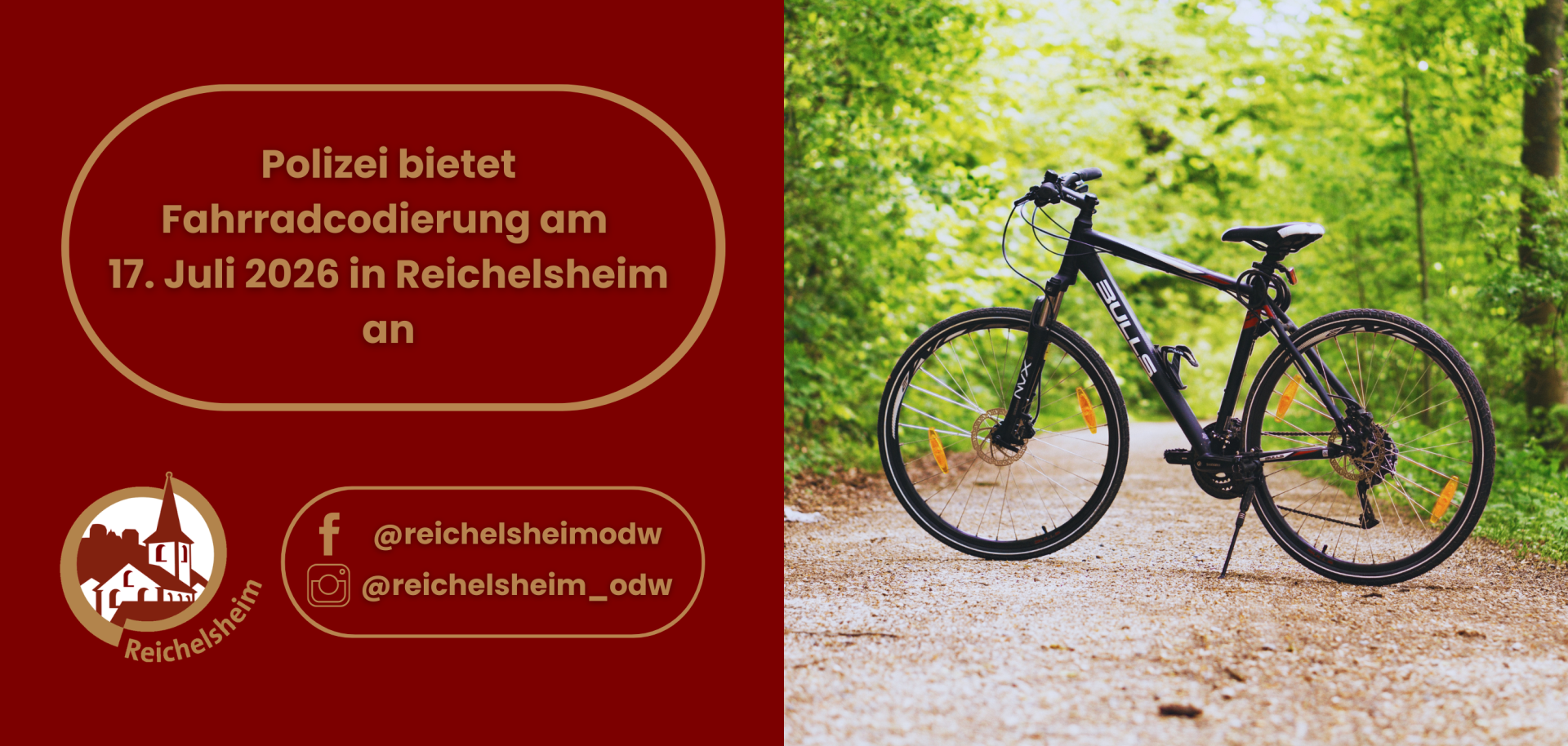 Schwarzes Trekkingrad steht mit Ständer auf einem kiesigen Waldweg; grünes Blätterdach, weiches Licht. Links Textfeld zur Fahrradcodierung.