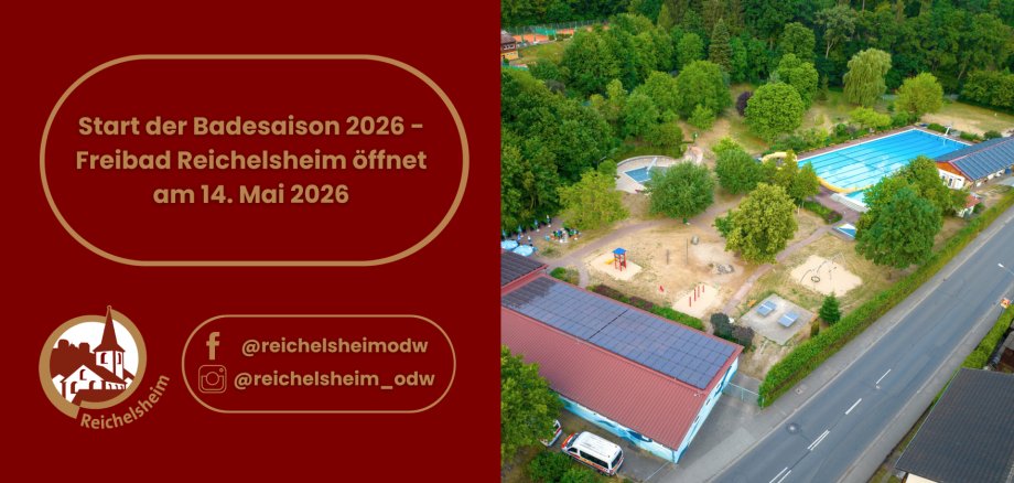 Start der Badesaison 2026 - Freibad Reichelsheim öffnet am 14. Mai 2026 Luftbild Freibad Reichelsheim mit Becken, Spielplatz und Grün; Text: Start der Badesaison 2026 – Öffnung am 14. Mai 2026. Social‑Media‑Hinweise.
