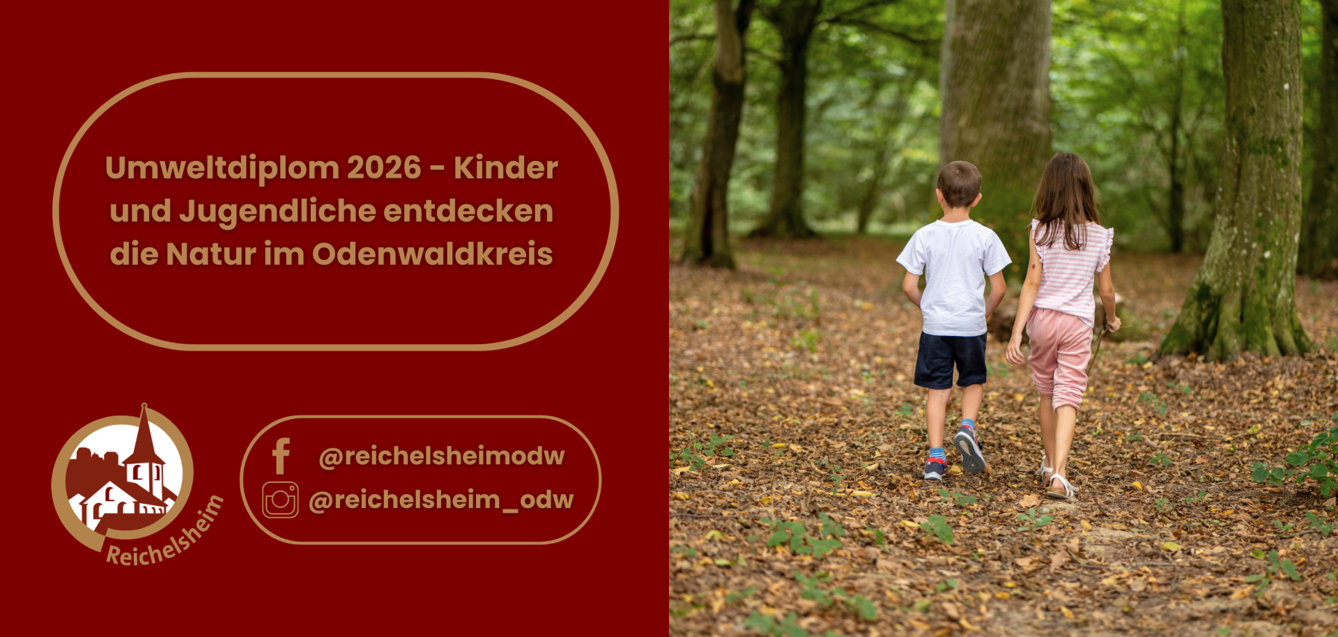 Grafik: Links Ankündigung „Umweltdiplom 2026“, rechts gehen zwei Kinder auf einem Laubweg durch einen grünen Wald. Social‑Media‑Hinweise unten links.