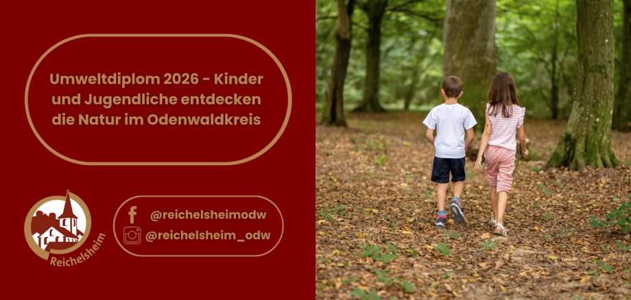 Grafik: Links Ankündigung „Umweltdiplom 2026“, rechts gehen zwei Kinder auf einem Laubweg durch einen grünen Wald. Social‑Media‑Hinweise unten links.