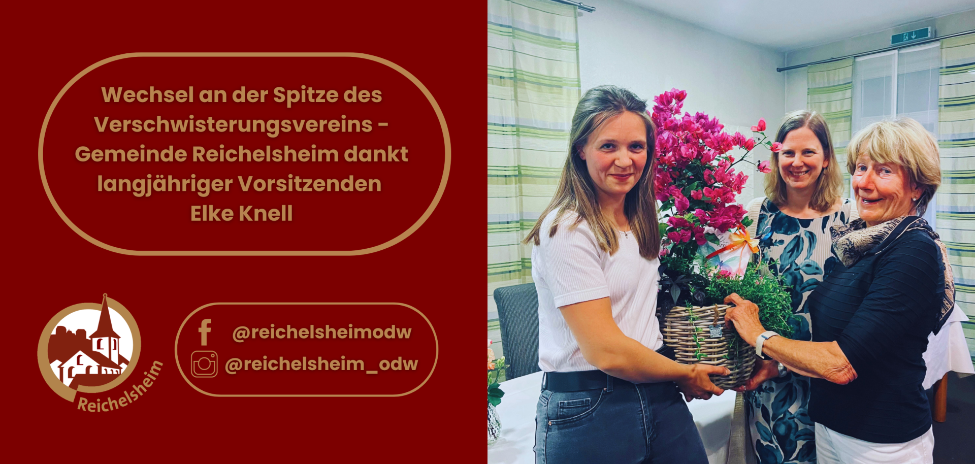 Grafik: „Wechsel an der Spitze des Verschwisterungsvereins“. Drei Personen, Blumenstrauß in Korb wird überreicht; Dank an langjährige Vorsitzende.