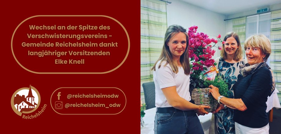 Grafik: „Wechsel an der Spitze des Verschwisterungsvereins“. Drei Personen, Blumenstrauß in Korb wird überreicht; Dank an langjährige Vorsitzende.