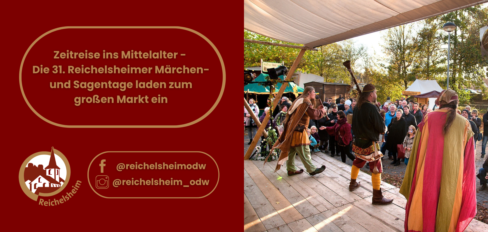Ankündigung der 31. Reichelsheimer Märchen- und Sagentage: Mittelaltermarkt mit kostümierten Darstellenden auf einer Bühne vor Publikum.