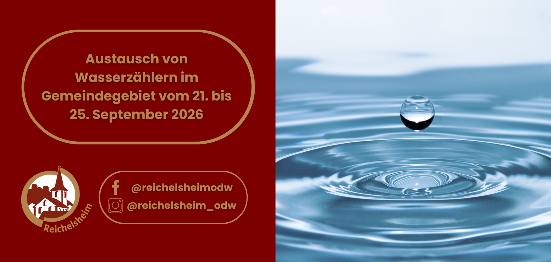 Austausch von Wasserzählern im Gemeindegebiet vom 21. bis 25. September 2026 Hinweis auf den Austausch von Wasserzählern im Gemeindegebiet vom 21. bis 25. September 2026, mit Wassertropfenmotiv und Gemeindelogo.
