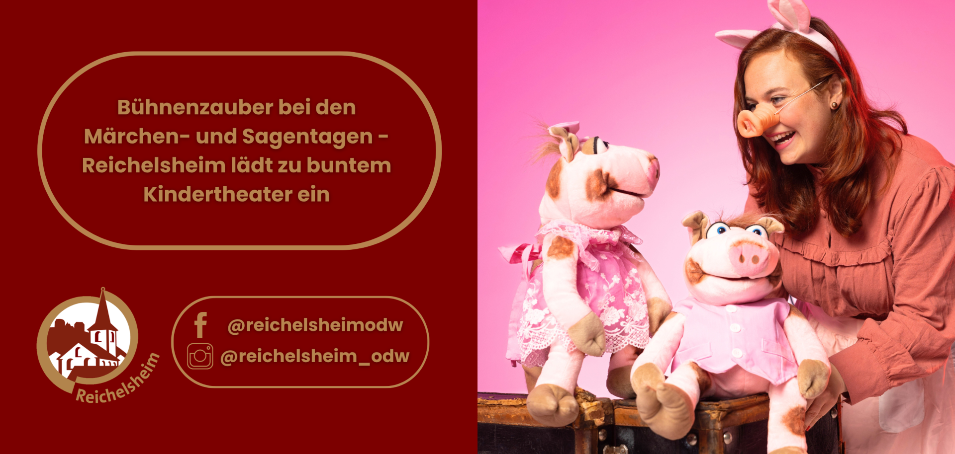 Bühnenzauber bei den Märchen- und Sagentagen - Reichelsheim lädt zu buntem Kindertheater ein Ankündigung für ein buntes Kindertheater bei den Reichelsheimer Märchen- und Sagentagen: Frau mit Schweinemaske und zwei Schweinepuppen.