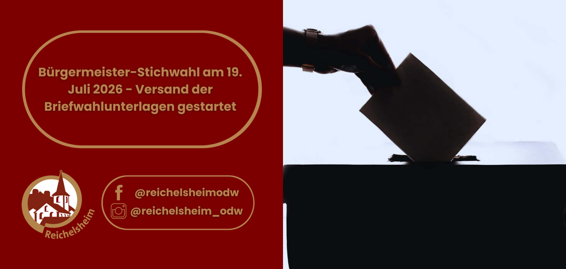 Bürgermeister-Stichwahl am 19. Juli 2026: Briefwahlunterlagen-Versand gestartet. Reichelsheim-Logo und Hand wirft Stimmzettel in Wahlurne.