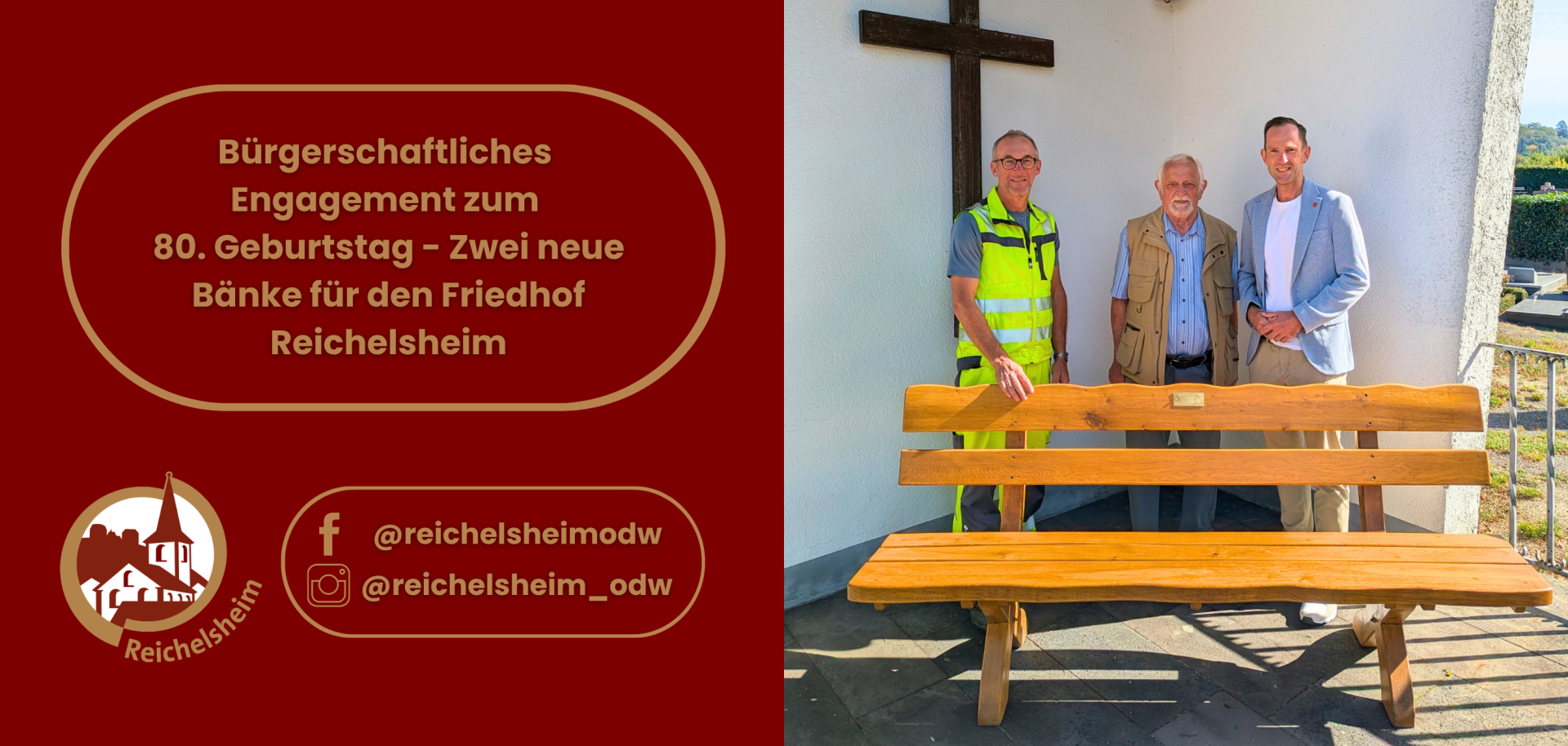 Bürgerschaftliches Engagement zum 80. Geburtstag - Zwei neue Bänke für den Friedhof Reichelsheim Grafik zu bürgerschaftlichem Engagement: Drei Männer stehen hinter einer neuen Holzbank vor einer Friedhofskapelle in Reichelsheim.
