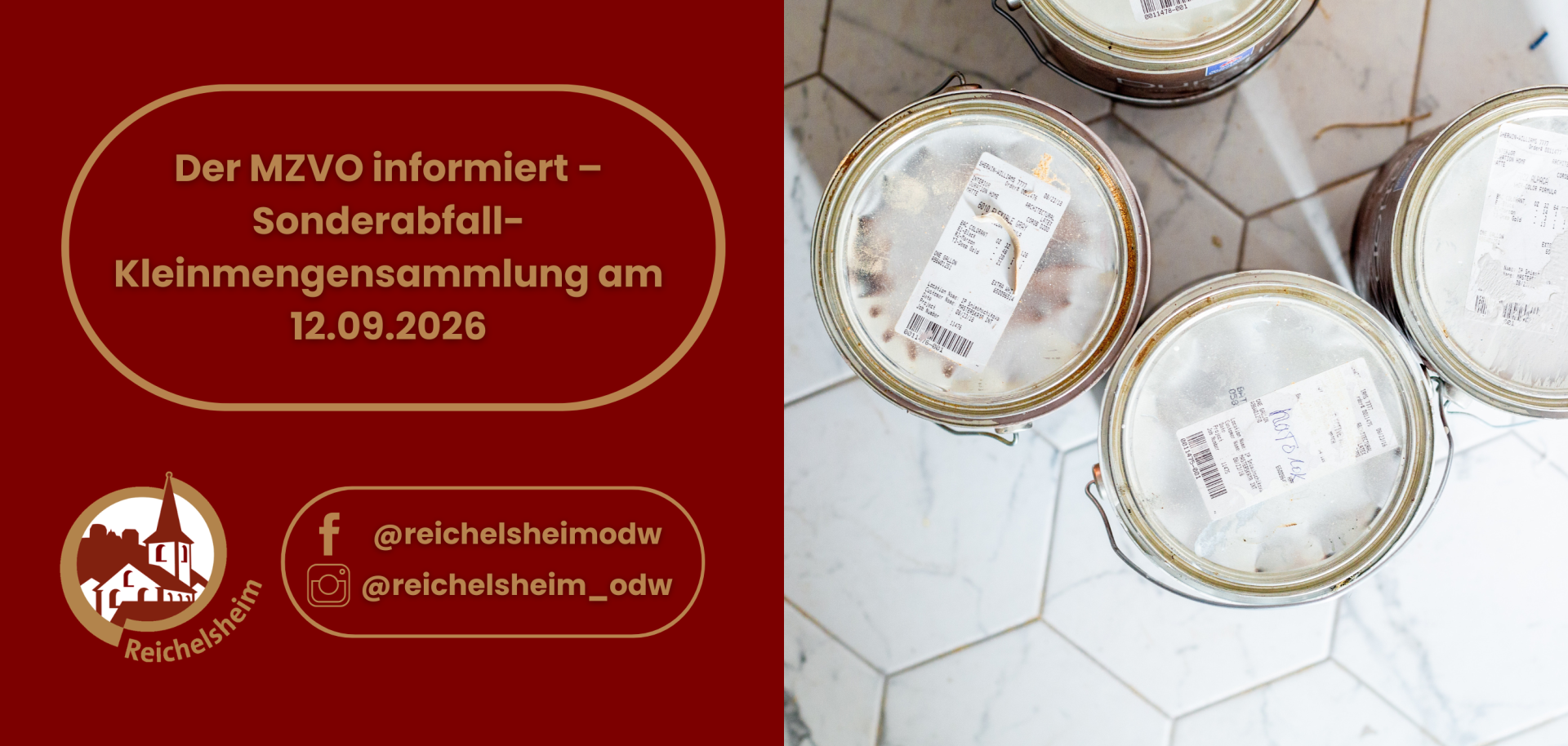 Der MZVO informiert – Sonderabfall-Kleinmengensammlung am 12.09.2026 Grafik zur Sonderabfall-Kleinmengensammlung am 12.09.2026; rechts sind mehrere verschlossene Abfallgläser zu sehen.