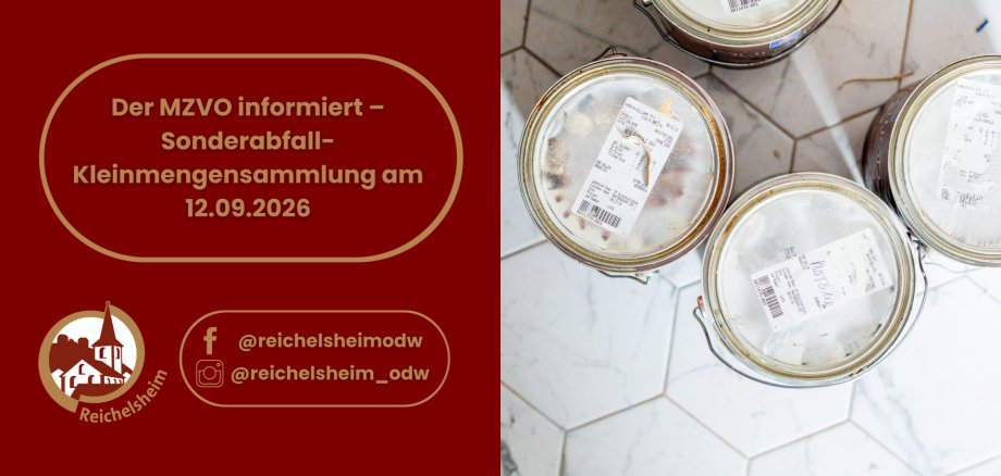 Der MZVO informiert – Sonderabfall-Kleinmengensammlung am 12.09.2026 Grafik zur Sonderabfall-Kleinmengensammlung am 12.09.2026; rechts sind mehrere verschlossene Abfallgläser zu sehen.