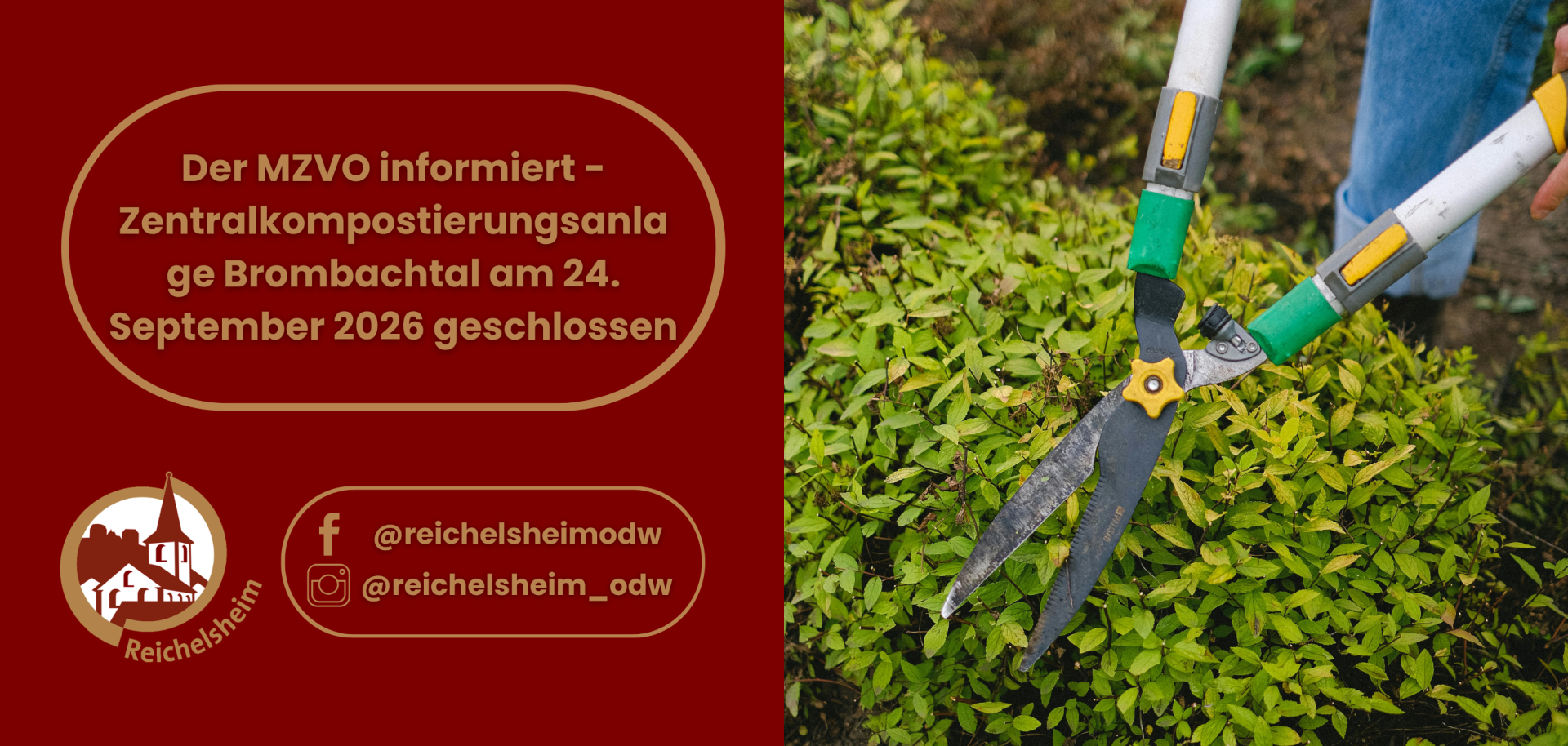 Der MZVO informiert - Zentralkompostierungsanlage Brombachtal am 24. September 2026 geschlossen Grafik mit Heckenschere und Hinweis: „Der MZVO informiert – Zentralkompostierungsanlage Brombachtal am 24. September 2026 geschlossen“.