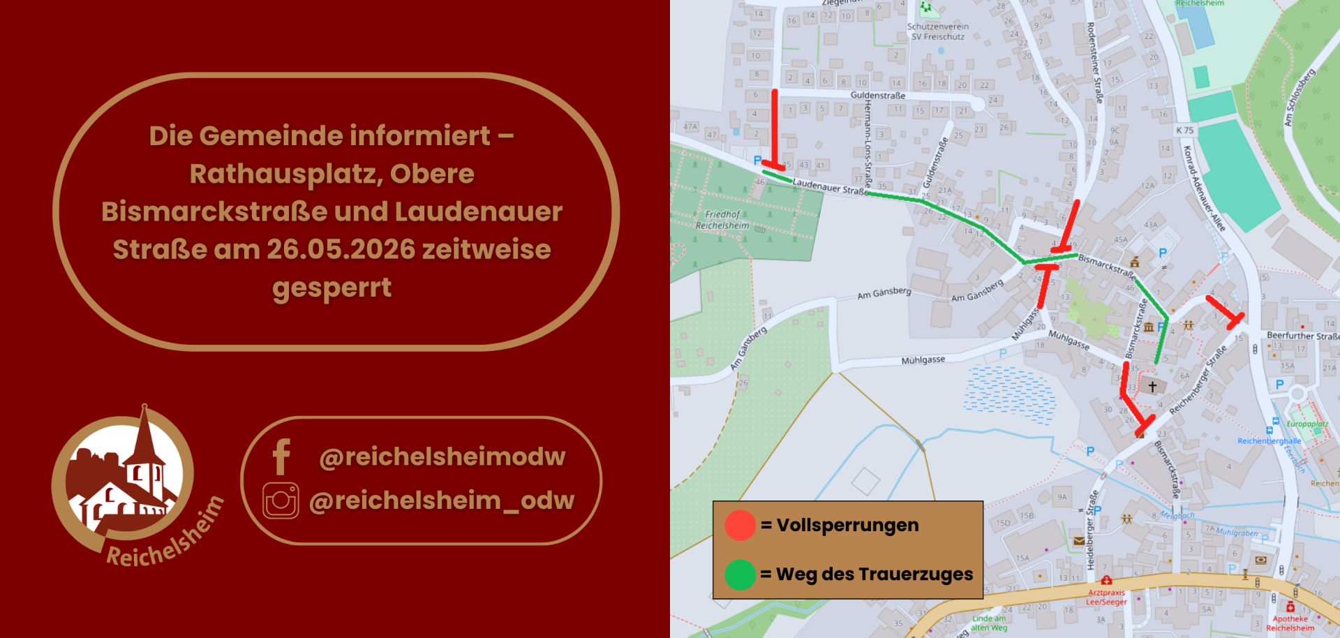 Hinweis der Gemeinde: Am 26.05.2026 sind Rathausplatz, Obere Bismarckstraße und Laudenauer Straße zeitweise gesperrt; Karte mit Sperrungen und Zugweg.