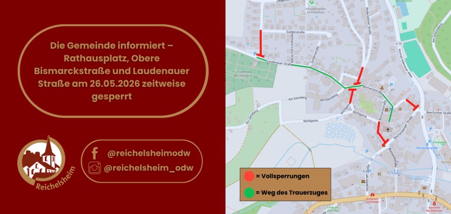 Die Gemeinde informiert – Rathausplatz, Obere Bismarckstraße und Laudenauer Straße am 26.05.2026 zeitweise gesperrt Hinweis der Gemeinde: Am 26.05.2026 sind Rathausplatz, Obere Bismarckstraße und Laudenauer Straße zeitweise gesperrt; Karte mit Sperrungen und Zugweg.