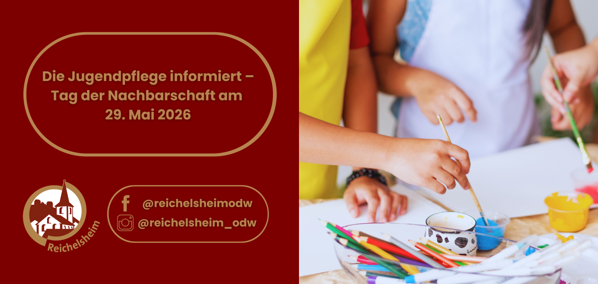 Tag der Nachbarschaft am 29. Mai 2026; rechts malen Kinder mit Pinseln und Farben an einem Tisch, vorn liegen bunte Stifte.