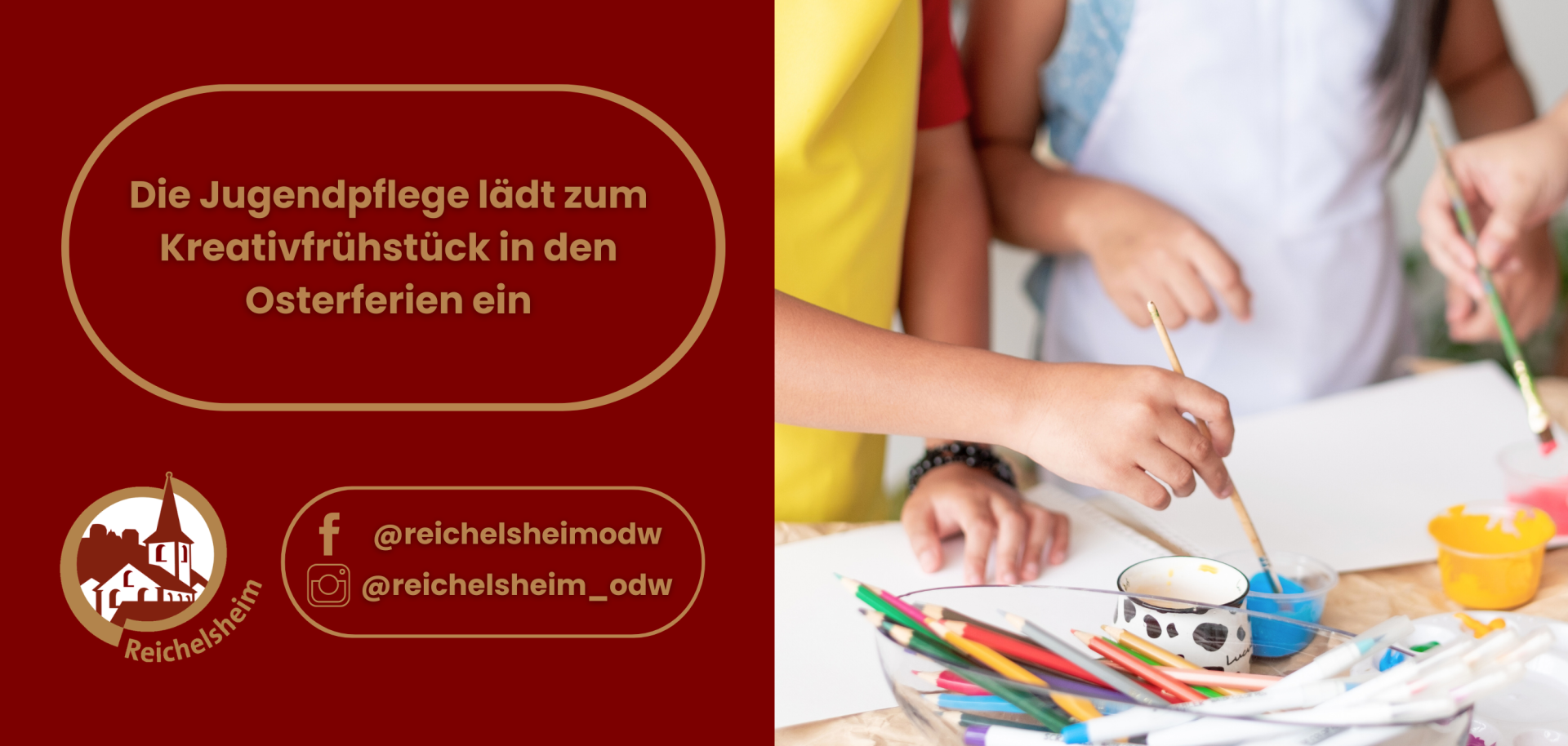 Einladung der Jugendpflege zum Kreativfrühstück in den Osterferien; rechts Kinder malen mit Pinseln und Farben, links Logo und Social‑Media‑Infos.