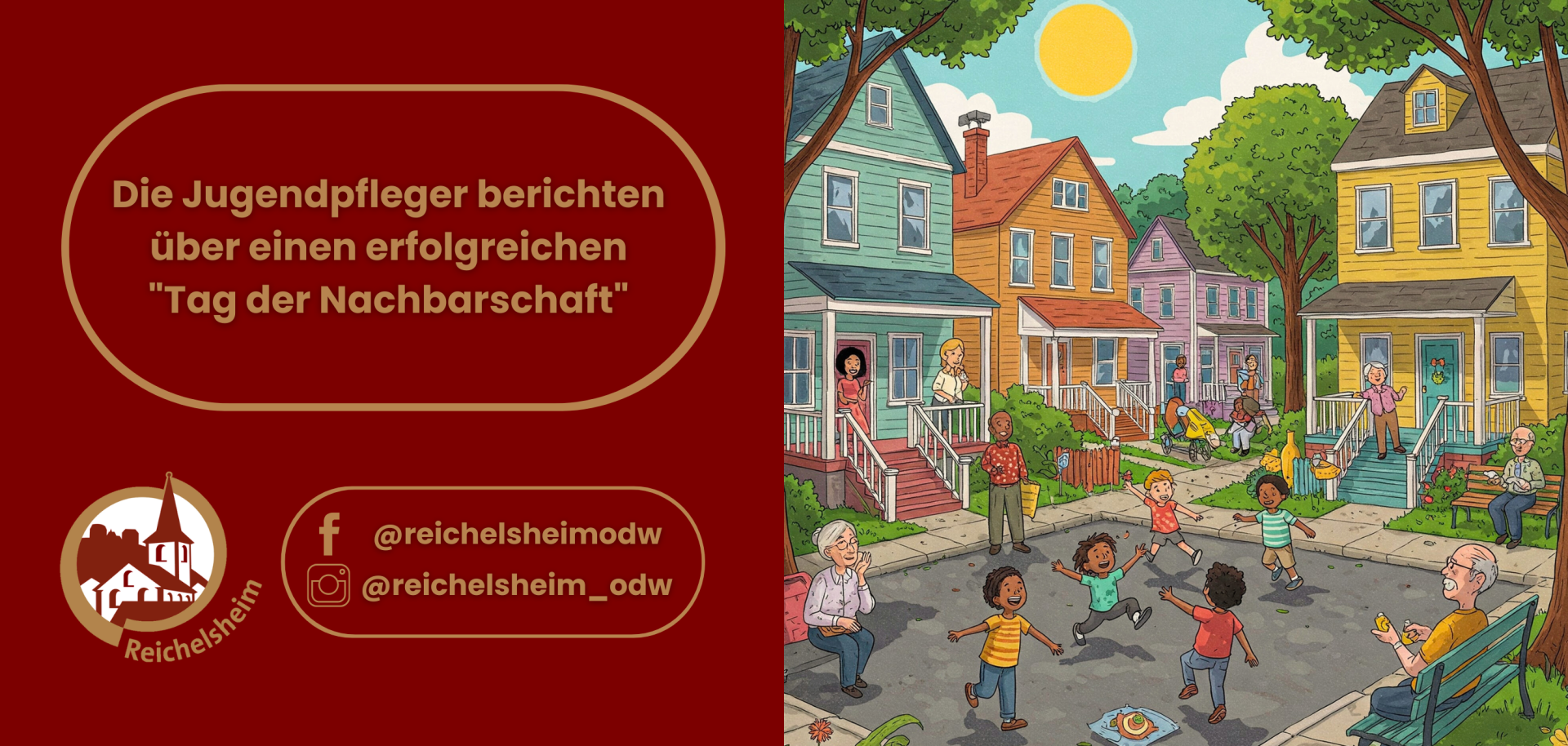 Zweigeteilte Übersicht. Auf der linken Seite ist der Titel des Artikels zu lesen und ein Hinweis auf die Social Media Kanäle der Gemeinde Reichelsheim zu sehen. Auf der rechten Seite ist ein zum Artikel passendes Bild platziert.