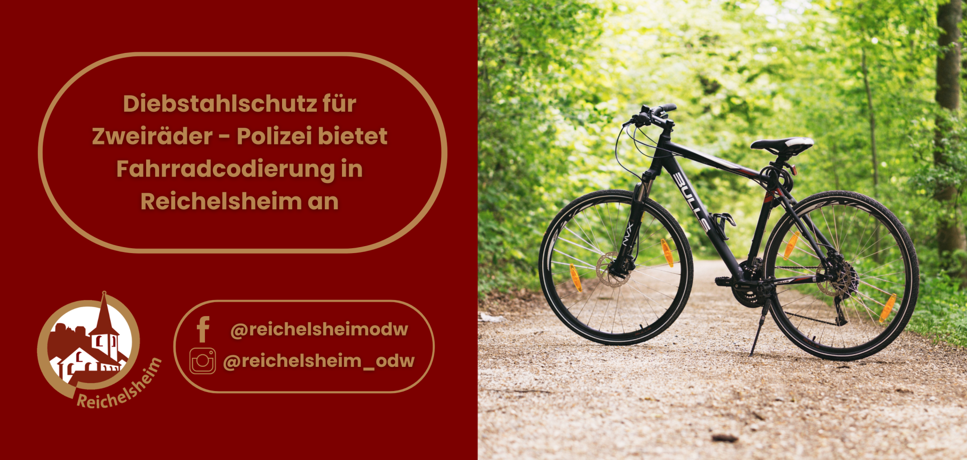 Hinweis: Polizei bietet Fahrradcodierung in Reichelsheim als Diebstahlschutz an; rechts Foto eines Fahrrads auf einem Waldweg.