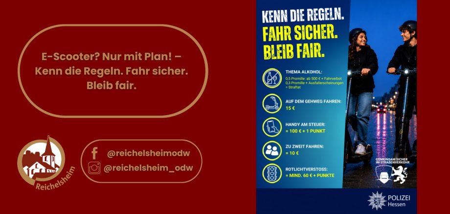 E-Scooter? Nur mit Plan! – Kenn die Regeln. Fahr sicher. Bleib fair. Infografik der Gemeinde Reichelsheim und Polizei Hessen mit Bußgeldern bei E-Scooter-Verstößen wie Alkohol, Handy am Steuer oder Gehwegfahren.