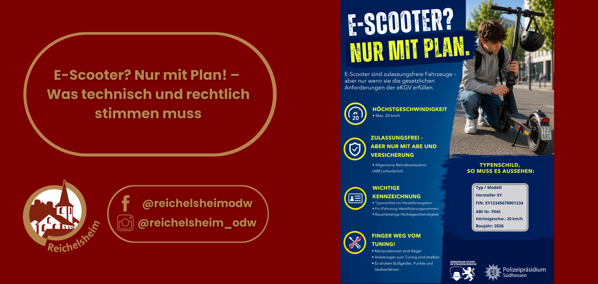 Infografik der Gemeinde Reichelsheim zu technischen und rechtlichen Voraussetzungen für E-Scooter (Zulassung, Kennzeichnung, Höchstgeschwindigkeit).