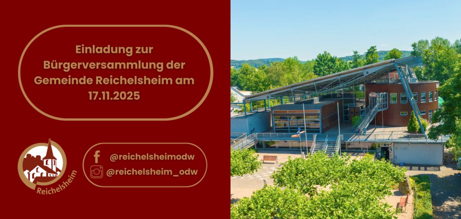 Zweigeteilte Übersicht. Auf der linken Seite ist der Titel des Artikels zu lesen und ein Hinweis auf die Social Media Kanäle der Gemeinde Reichelsheim zu sehen. Auf der rechten Seite ist ein zum Artikel passendes Bild platziert.