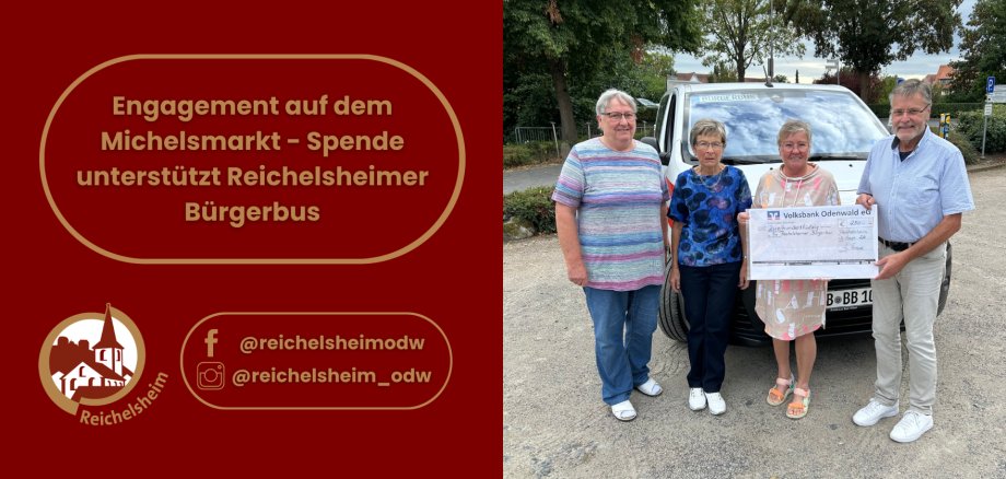 Engagement auf dem Michelsmarkt - Spende unterstützt Reichelsheimer Bürgerbus Grafik mit vier Personen vor einem Bürgerbus und Spendenscheck; Text: „Engagement auf dem Michelsmarkt – Spende unterstützt Reichelsheimer Bürgerbus“.