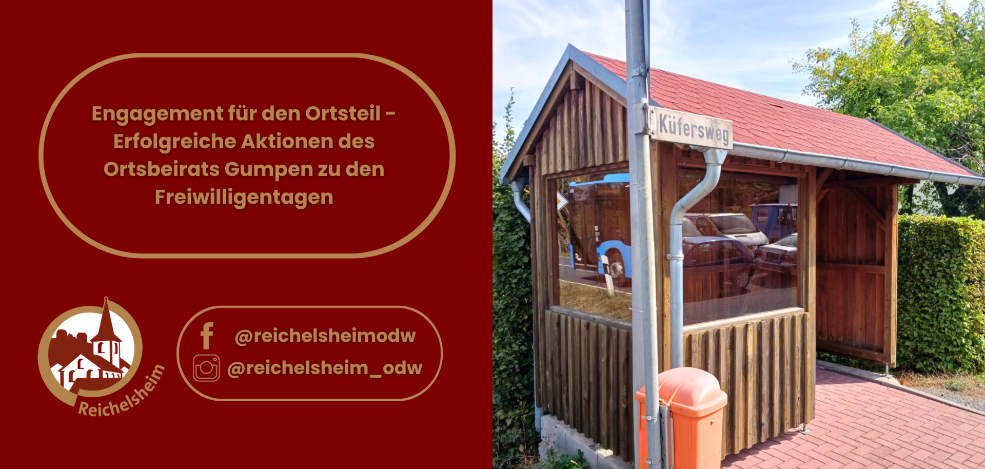 Grafik zum Engagement des Ortsbeirats Gumpen; daneben ein hölzernes Bushäuschen am Küfersweg in Reichelsheim.
