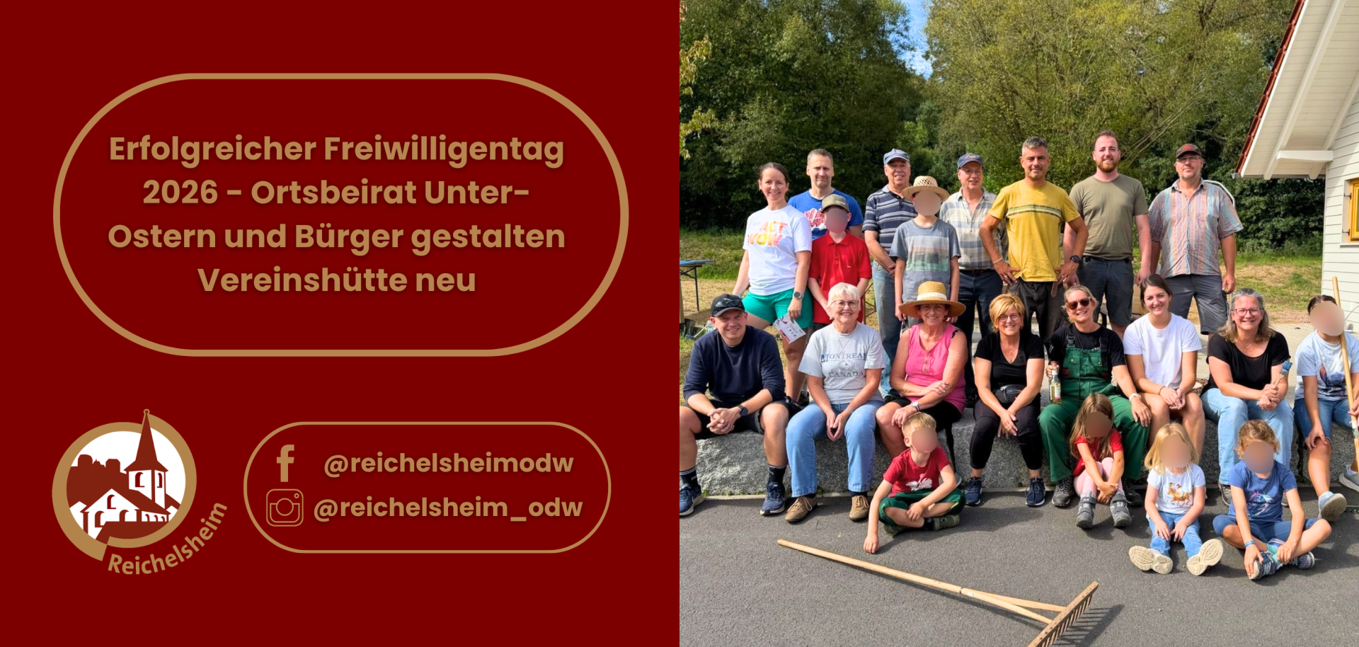 Geteiltes Bild: links Ankündigung eines erfolgreichen Freiwilligentags, rechts eine Gruppe engagierter Menschen vor einer Vereinshütte.