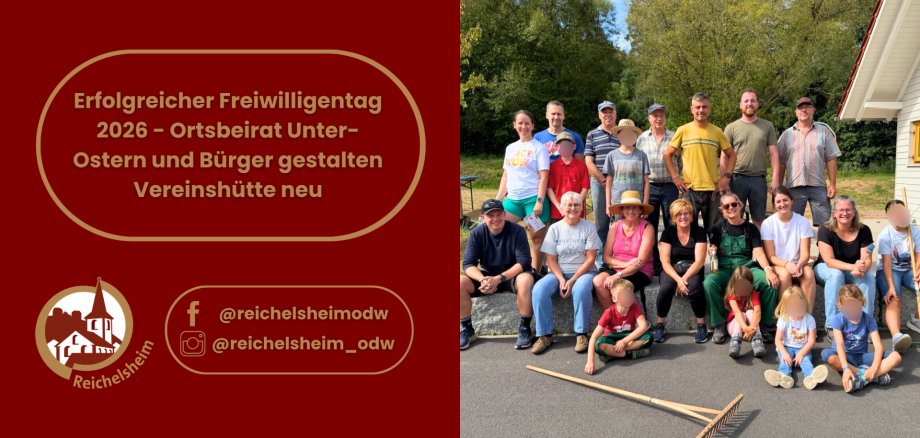 Geteiltes Bild: links Ankündigung eines erfolgreichen Freiwilligentags, rechts eine Gruppe engagierter Menschen vor einer Vereinshütte.