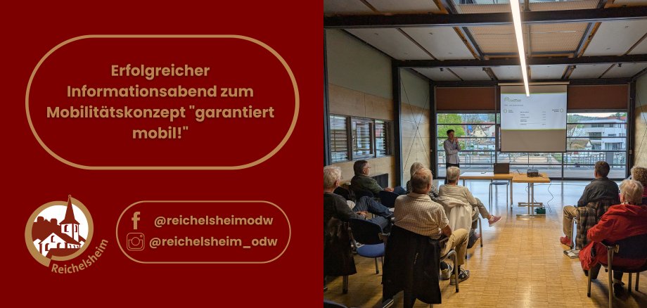 Zweigeteilte Übersicht. Auf der linken Seite ist der Titel des Artikels zu lesen und ein Hinweis auf die Social Media Kanäle der Gemeinde Reichelsheim zu sehen. Auf der rechten Seite ist ein zum Artikel passendes Bild platziert.