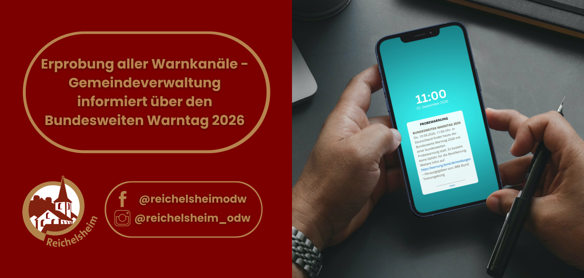 Collage zur Erprobung aller Warnkanäle: Links informiert die Gemeindeverwaltung über den bundesweiten Warntag 2026, rechts eine Warnmeldung auf dem Smartphone.