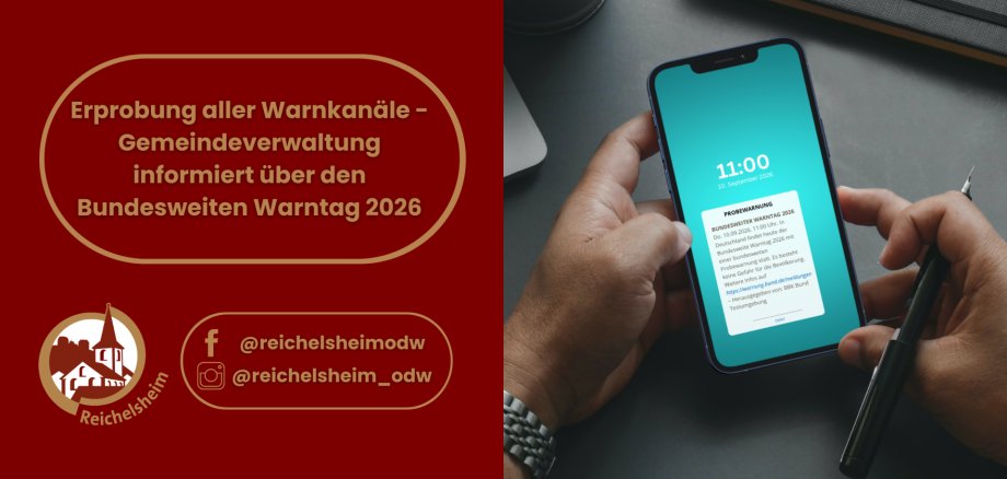 Erprobung aller Warnkanäle - Gemeindeverwaltung informiert über den Bundesweiten Warntag 2026 Collage zur Erprobung aller Warnkanäle: Links informiert die Gemeindeverwaltung über den bundesweiten Warntag 2026, rechts eine Warnmeldung auf dem Smartphone.