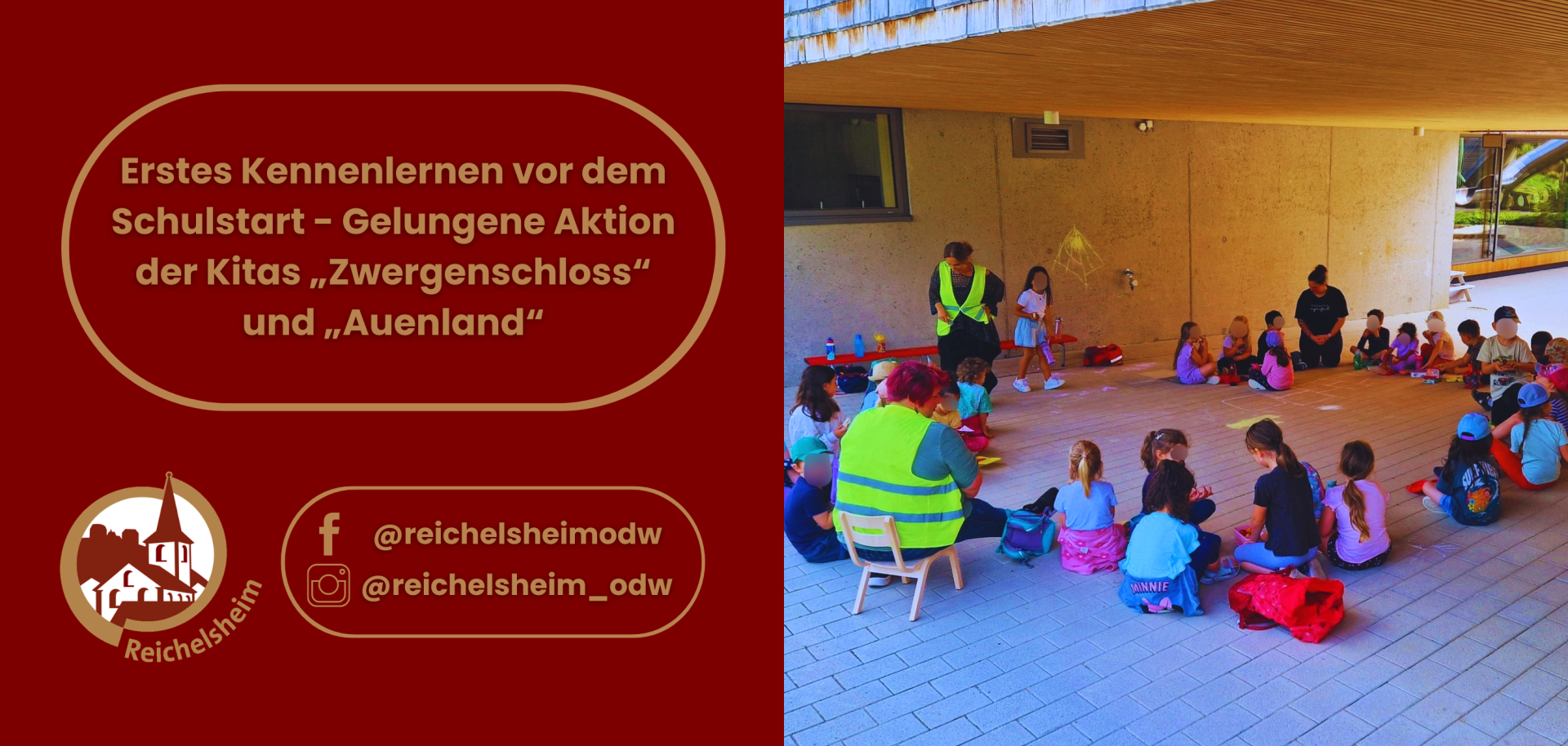 Kennenlernen vor dem Schulstart: Kinder der Kitas „Zwergenschloss“ und „Auenland“ sitzen im Kreis im Hof zusammen mit Erzieherinnen.