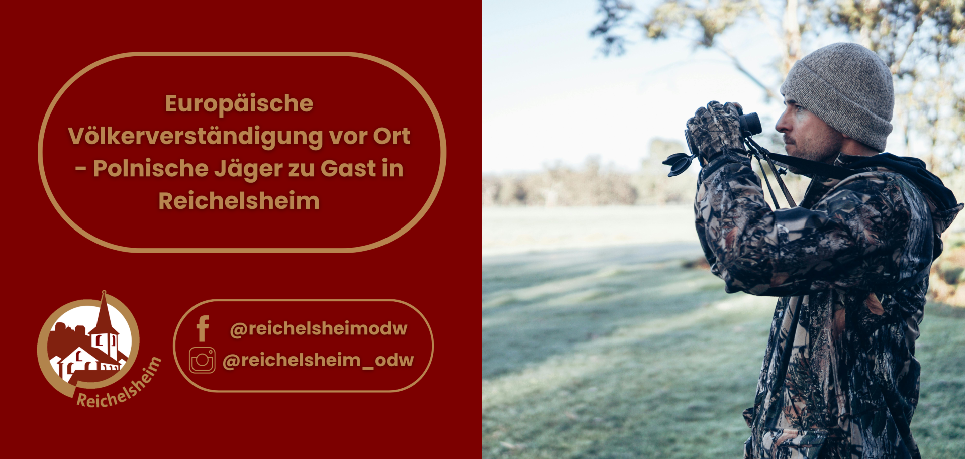 Hinweis auf den Besuch polnischer Jäger in Reichelsheim im Rahmen der europäischen Völkerverständigung; daneben ein Jäger mit Fernglas.