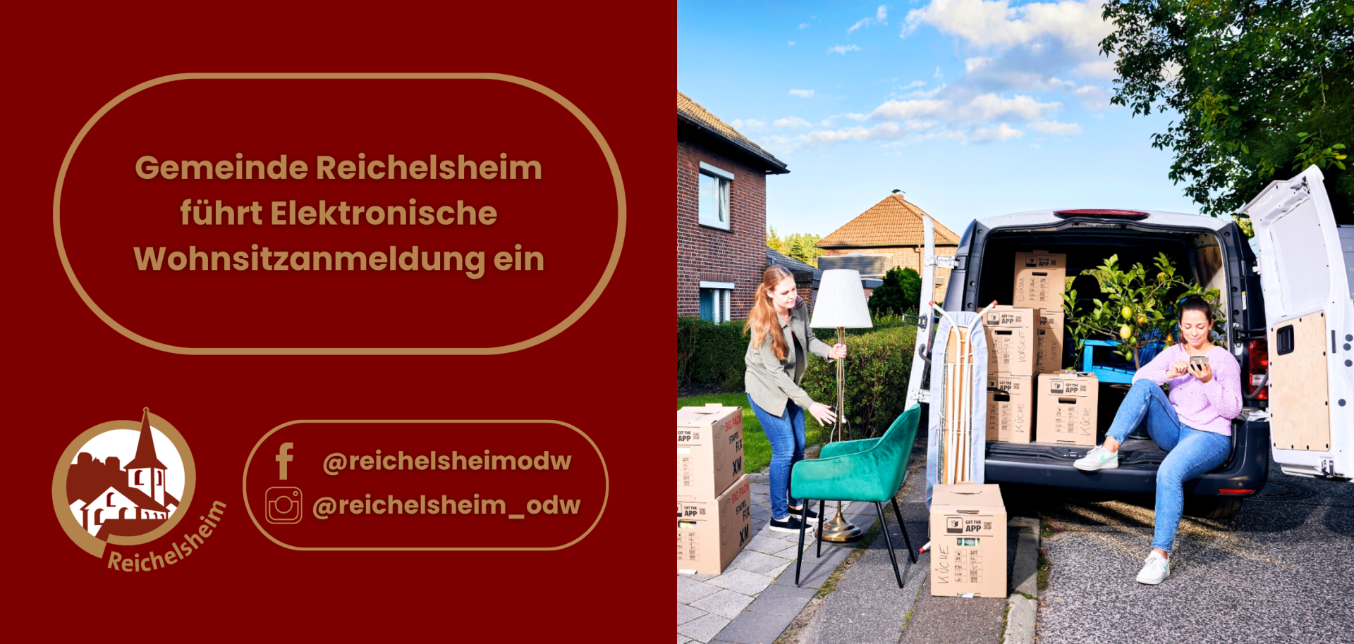 Grafik zur elektronischen Wohnsitzanmeldung in Reichelsheim: Zwei Frauen verladen Umzugskartons und Möbel in einen Transporter.