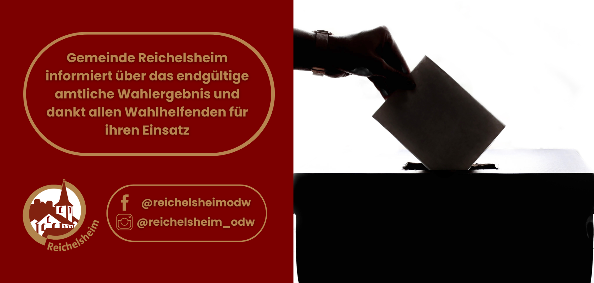 Grafik mit Text: „Gemeinde Reichelsheim informiert über das endgültige Wahlergebnis und dankt allen Wahlhelfenden“; daneben Hand wirft Stimmzettel ein.