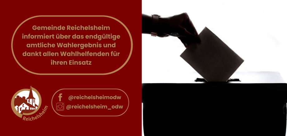 Gemeinde Reichelsheim informiert über das endgültige amtliche Wahlergebnis und dankt allen Wahlhelfenden für ihren Einsatz Grafik mit Text: „Gemeinde Reichelsheim informiert über das endgültige Wahlergebnis und dankt allen Wahlhelfenden“; daneben Hand wirft Stimmzettel ein.
